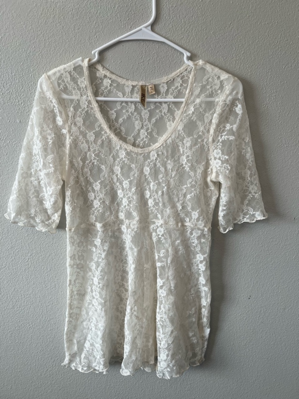 BKE Sheer White Lace Top Y2K Scoop Neck 3/4 Sleeves Boho Fairycore Cottagecore